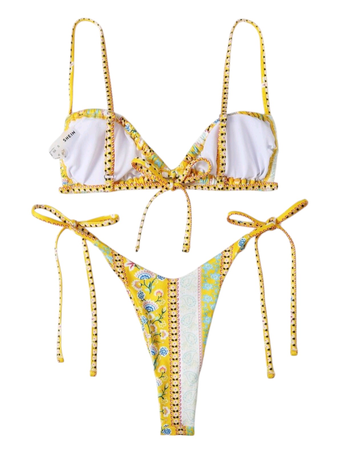 SHE sárga virágos-csíkos kötős bikini