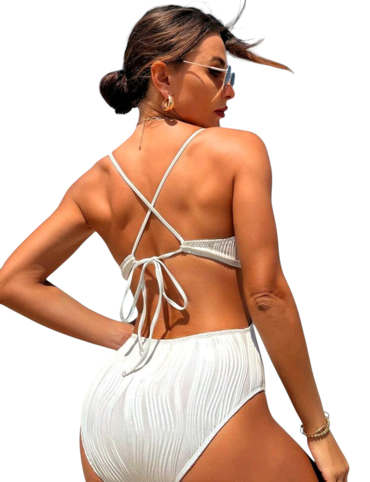 SHE fehér bordázott mélyen dekoltált kivágott egyrészes fürdőruha