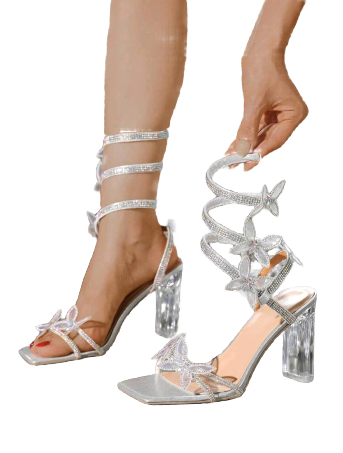 SHE ezüst kristályos pántos magassarkú szandál