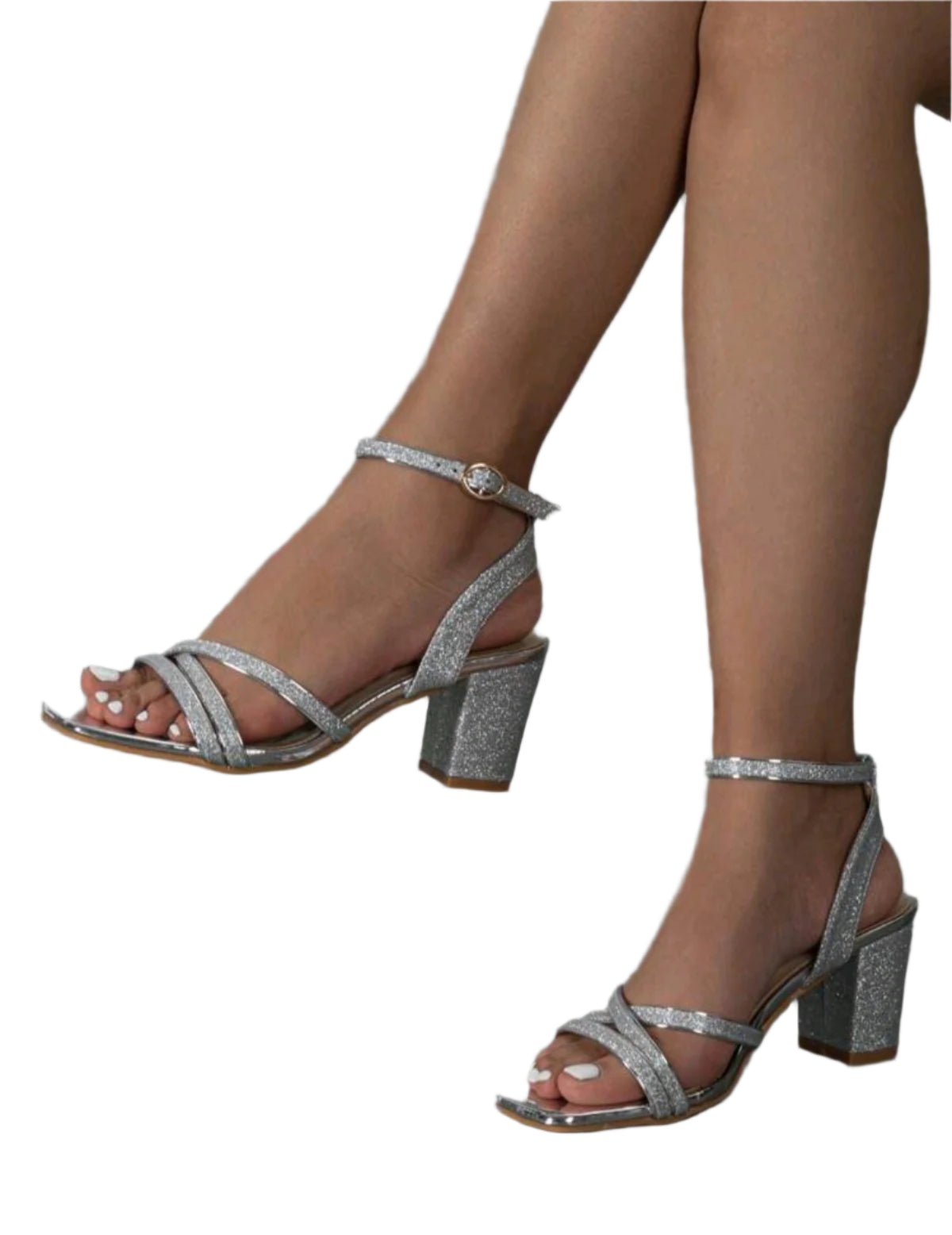 SHE ezüst csillogó pántos vastag sarkú szandál