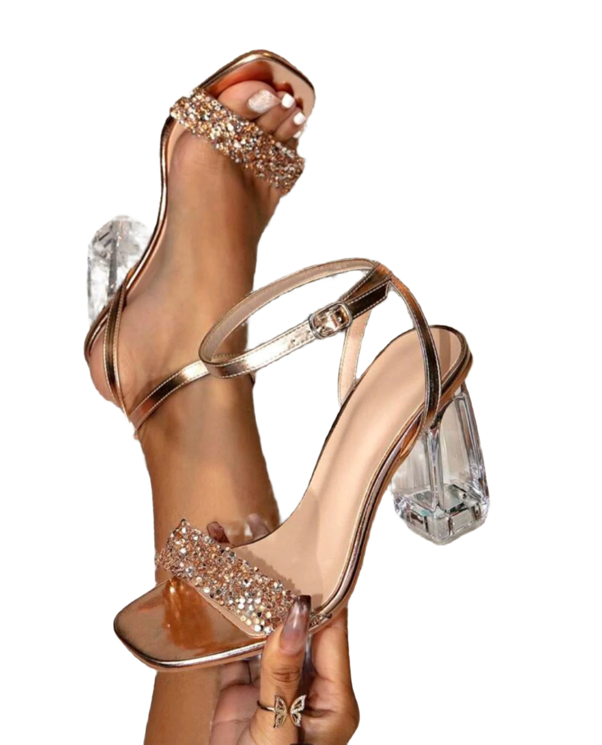 SHE arany kristályos szandál átlátszó sarokkal