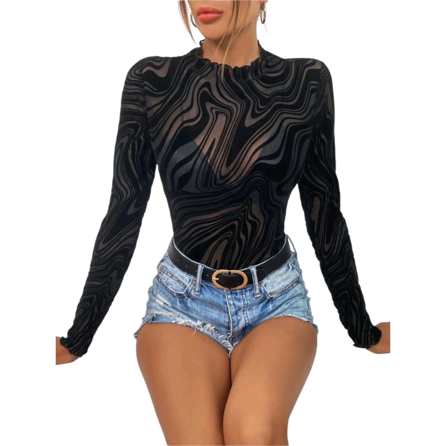 SHE fekete mintás hosszú ujjú body
