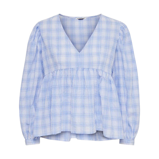 ONLY világoskék kockás V-nyakú peplum top