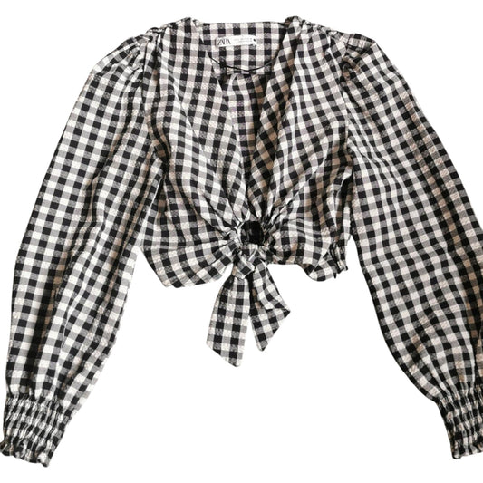 ZARA fekete-fehér kockás megkötős crop blúz