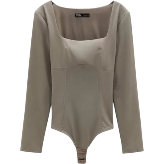 ZARA bézs szűkített hosszú ujjú body