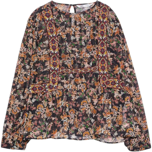 ZARA fekete virágmintás ráncolt peplum blúz