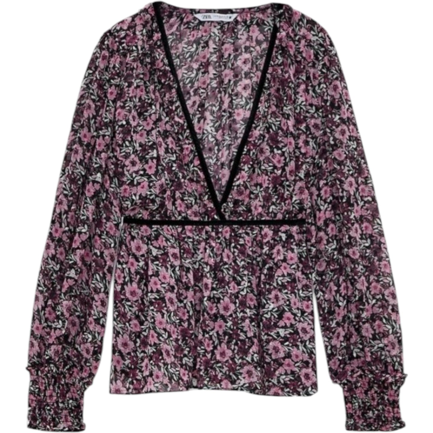 ZARA lila virágmintás V-nyakú peplum blúz