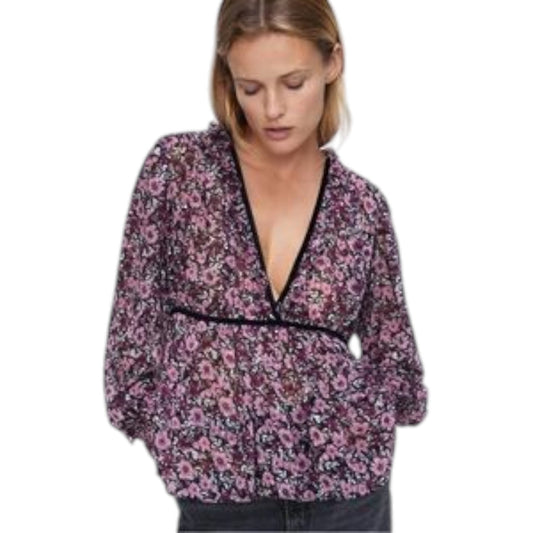 ZARA lila virágmintás V-nyakú peplum blúz