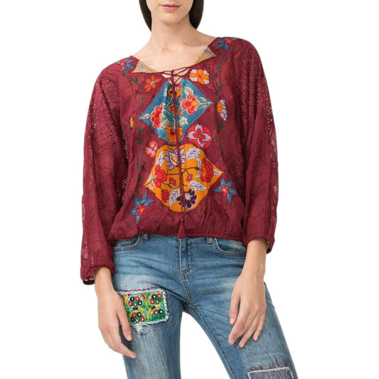 DESIGUAL bordó horgolt virágos megkötős blúz