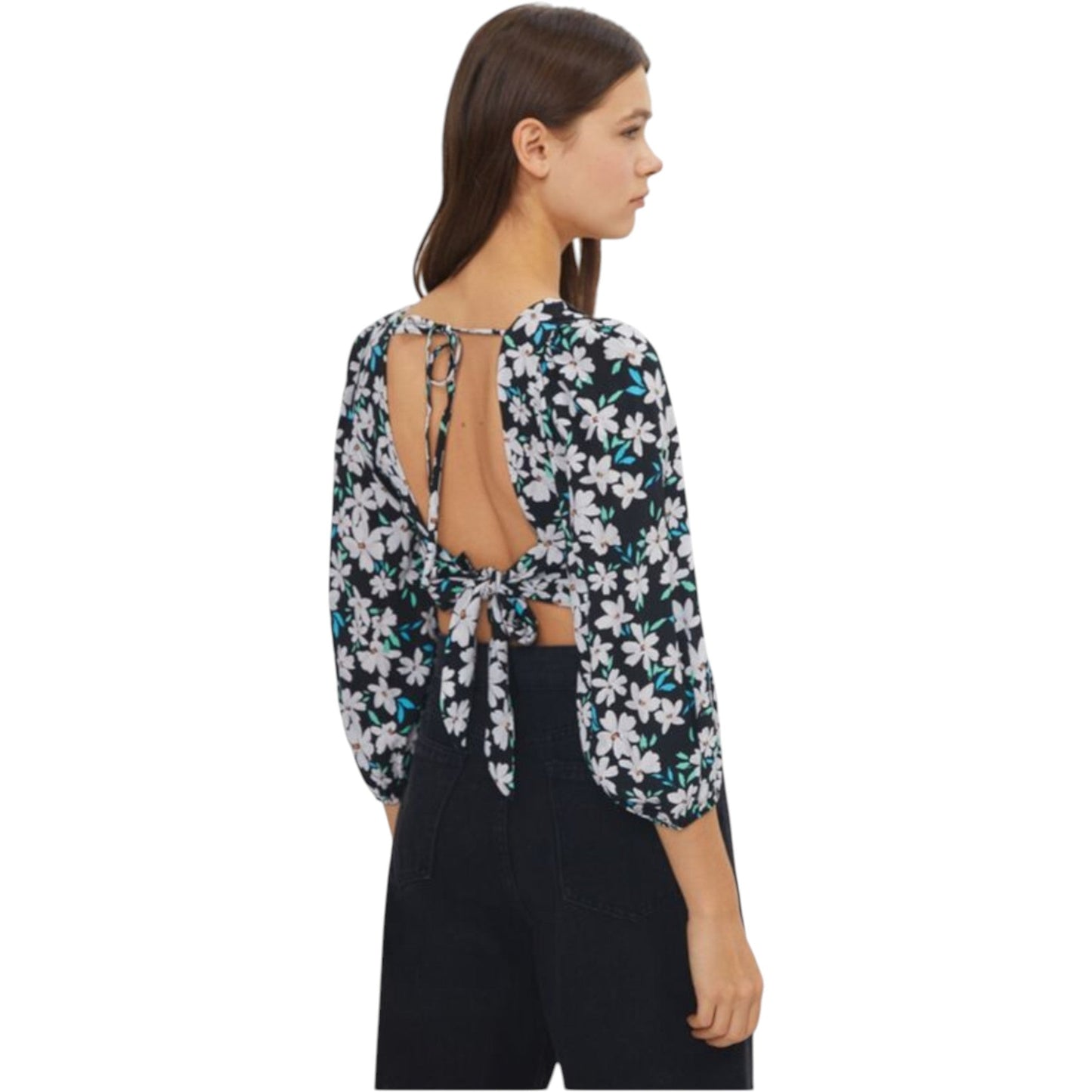 BERSHKA fekete virágmintás ráncolt crop felső