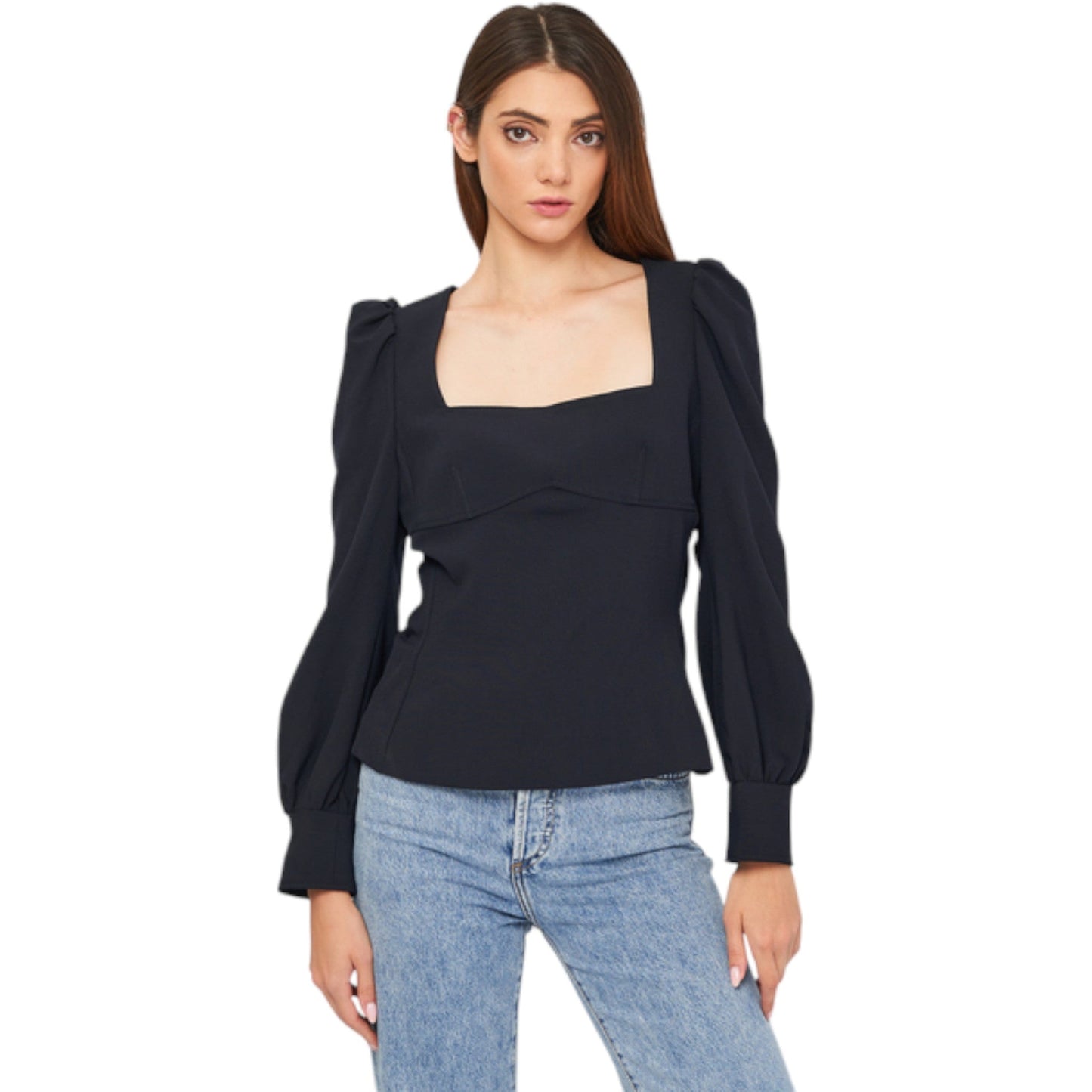 ZARA fekete puffos ujjú szögletes nyakú crop felső