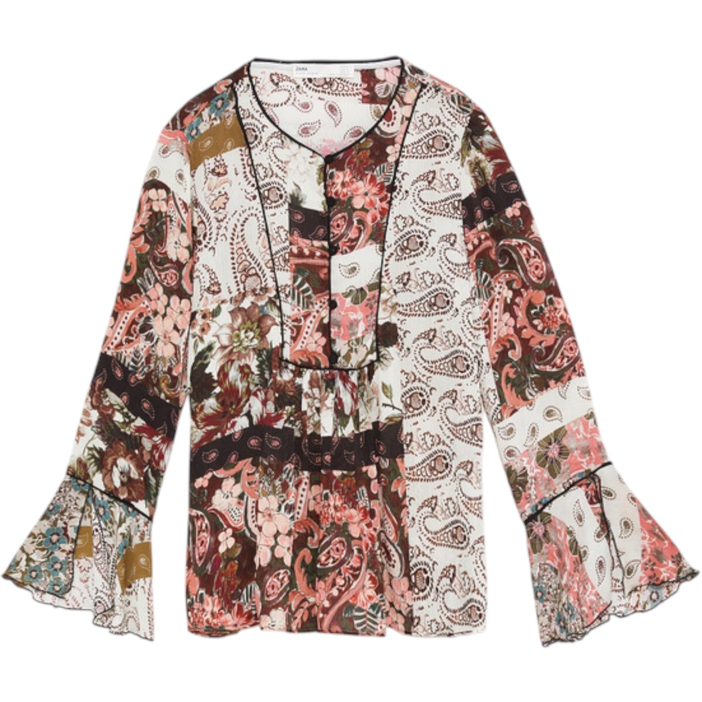 ZARA fehér patchwork mintás harangujjú blúz