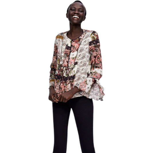 ZARA fehér patchwork mintás harangujjú blúz