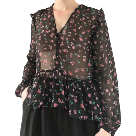 ZARA fekete virágmintás peplum blúz