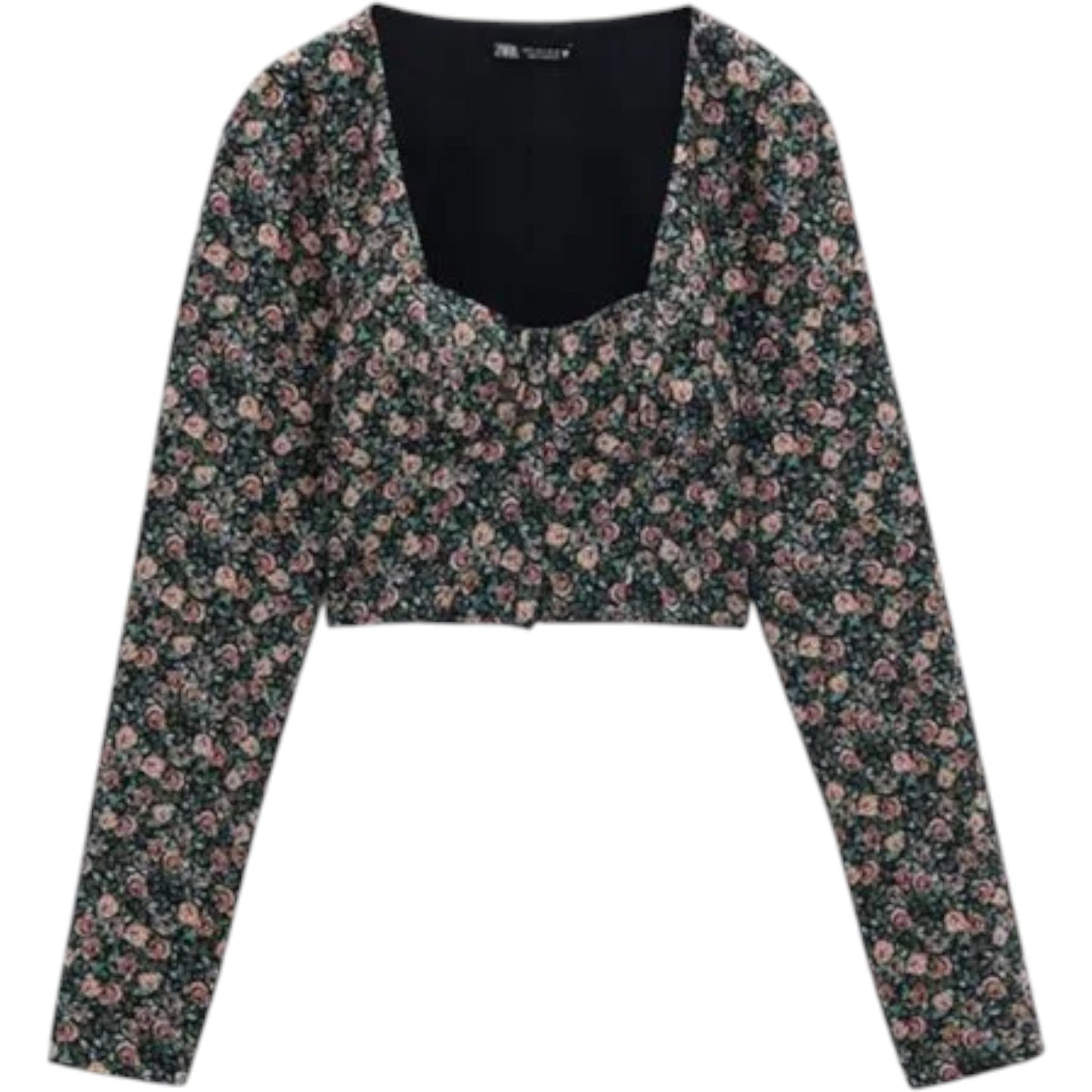 ZARA zöld virágmintás hosszú ujjú crop top
