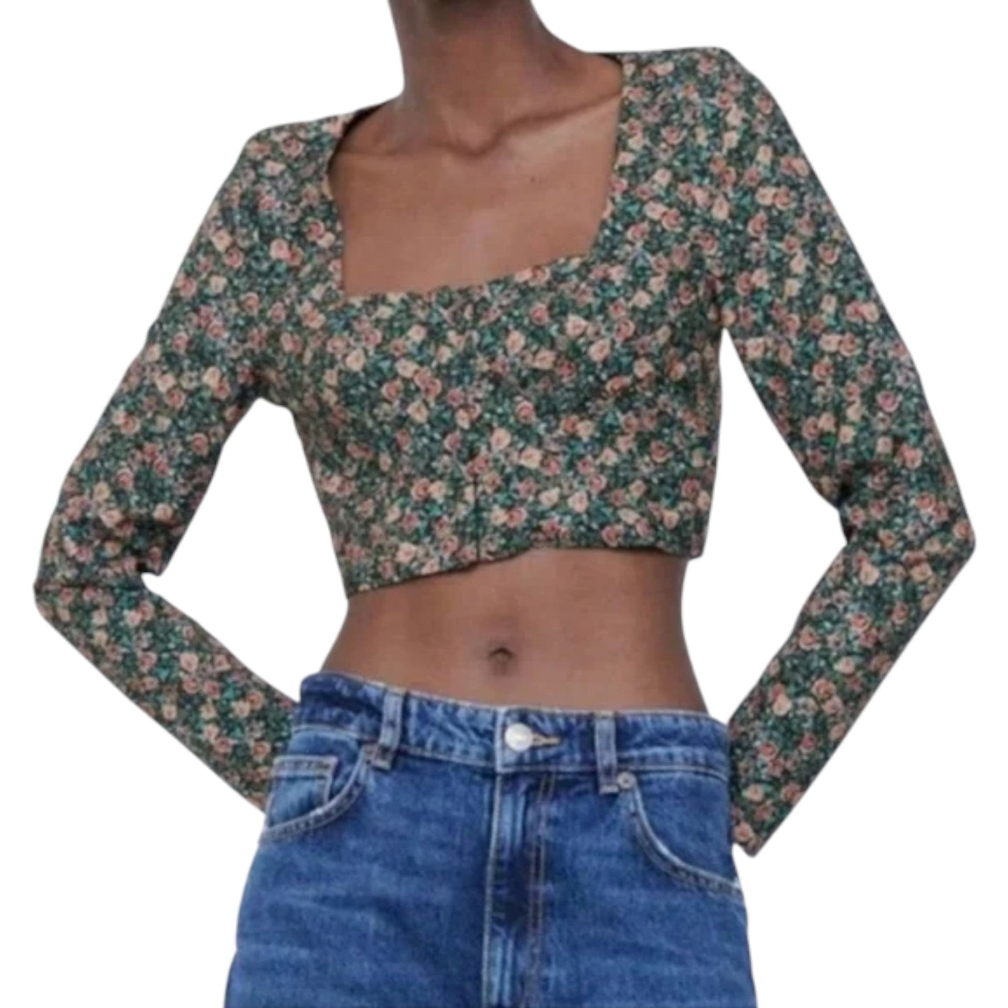 ZARA zöld virágmintás hosszú ujjú crop top