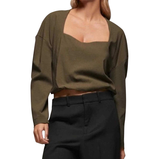 ZARA khaki szögletes nyakú hosszú ujjú crop top