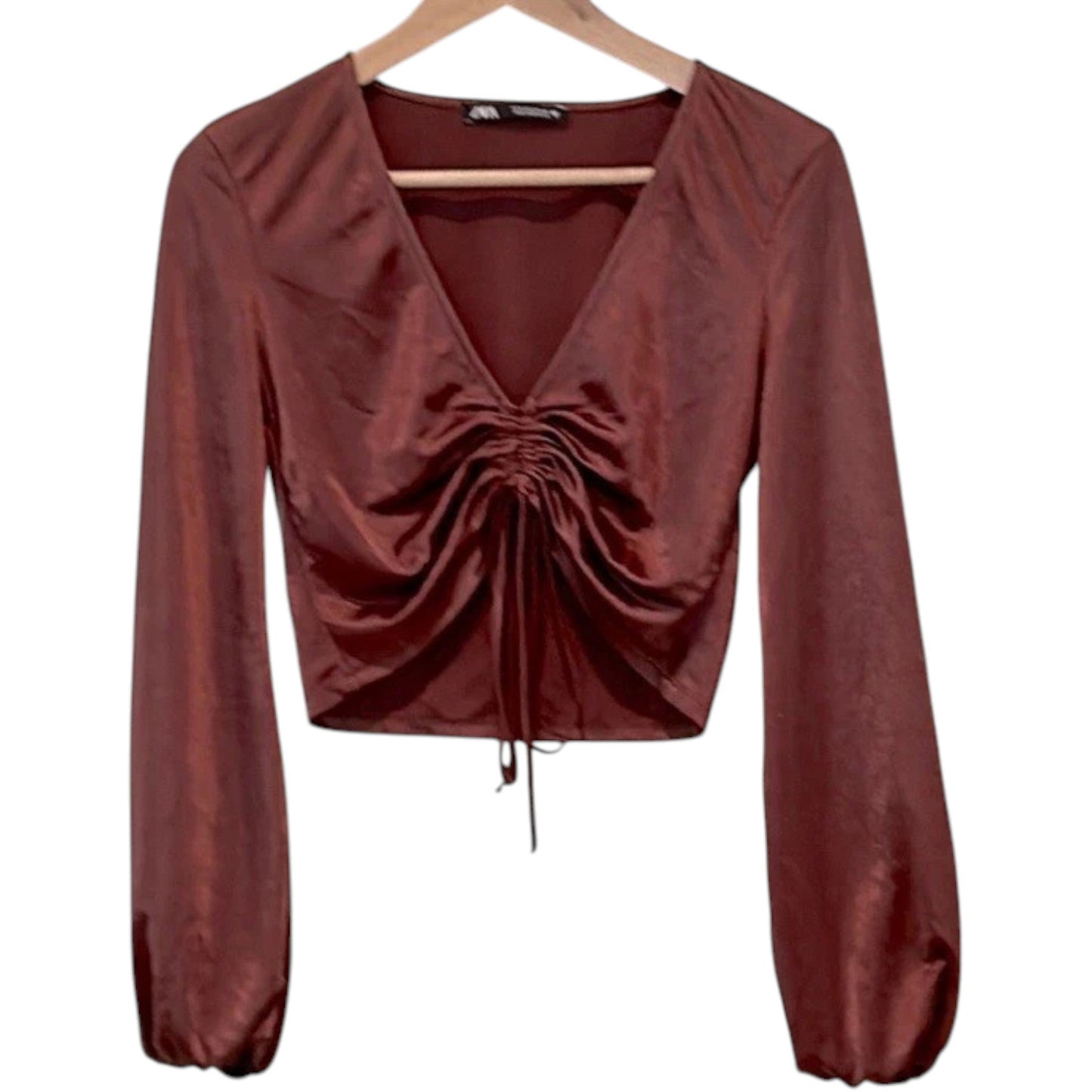 ZARA barna szatén hatású V-nyakú hosszú ujjú crop top