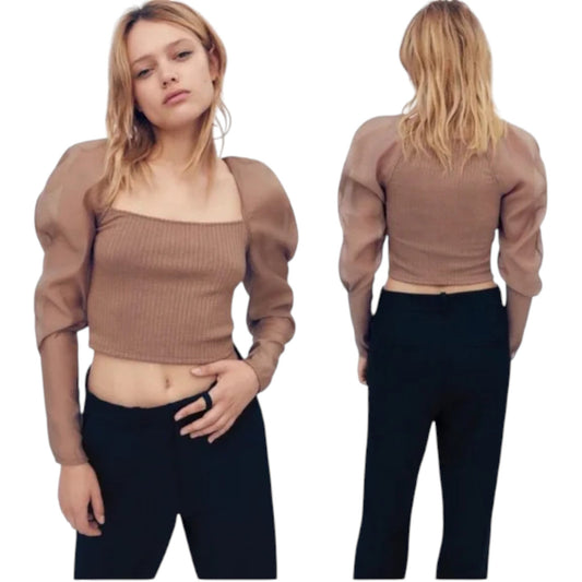 ZARA bézs kötött puffos ujjú crop top
