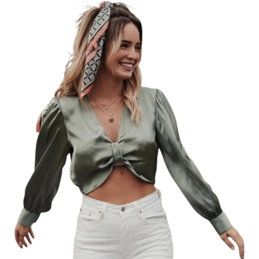 ZARA zsályazöld selyem hatású megkötős crop top