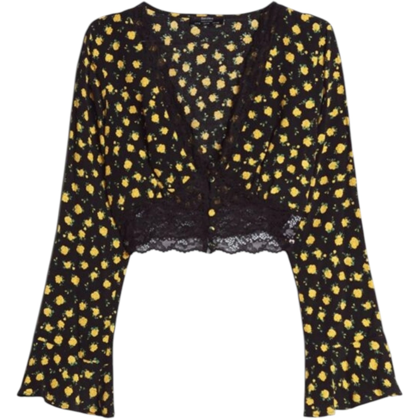 BERSHKA fekete virágos csipkés hosszú ujjú megkötős crop top