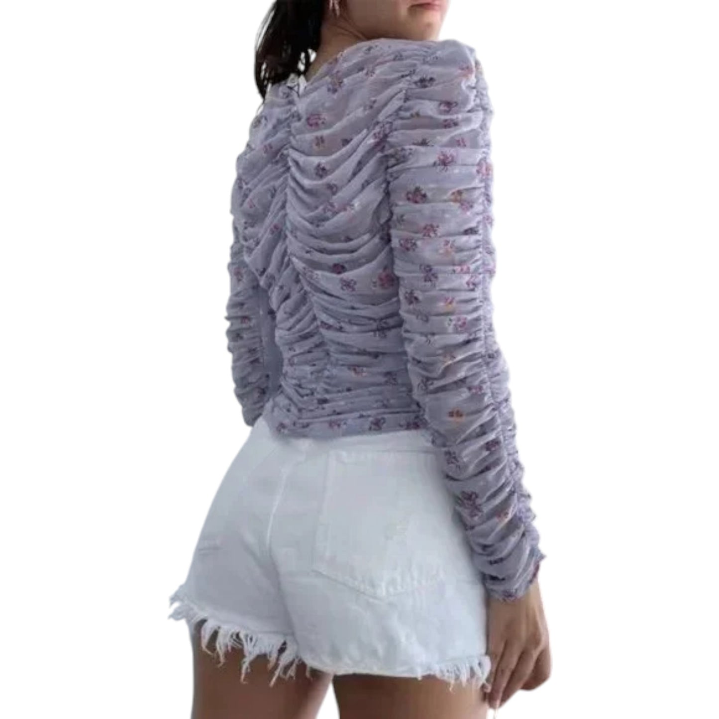 ZARA lila virágos ráncolt hosszú ujjú crop top