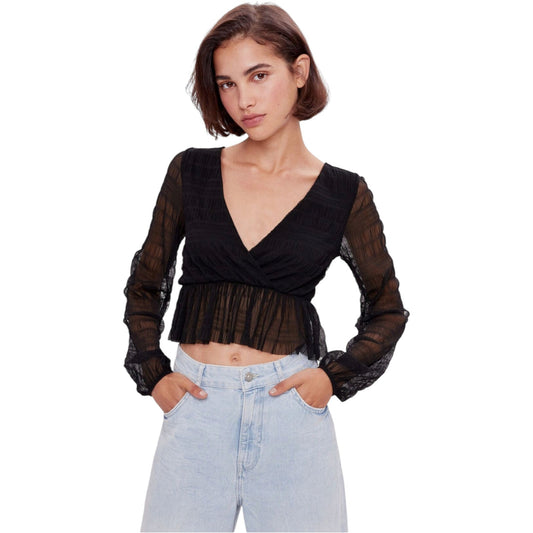 BERSHKA fekete átlapolt áttetsző crop top