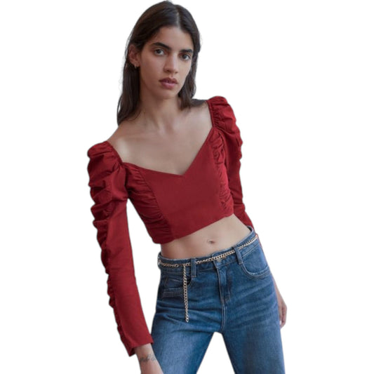 ZARA piros ráncolt V-nyakú crop top