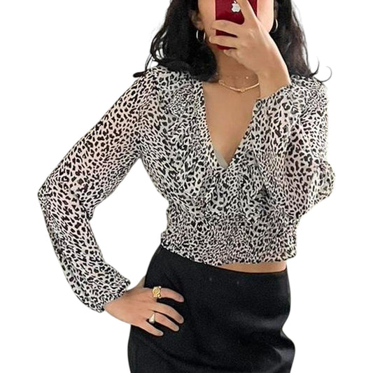 ZARA fekete-fehér állatmintás ráncolt crop blúz