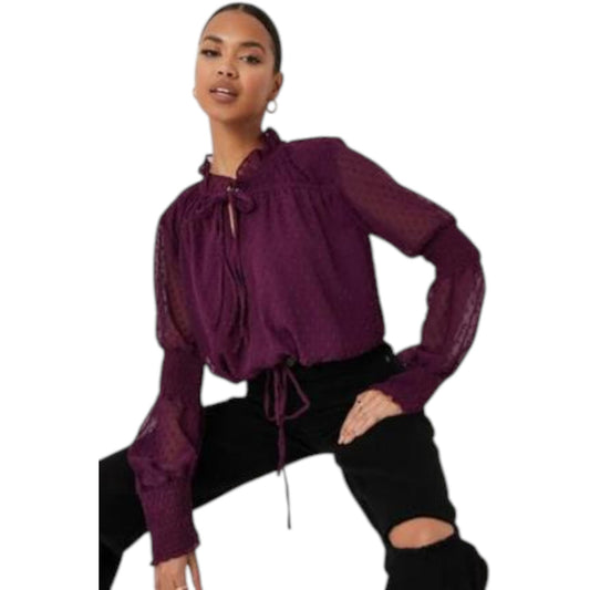 MISSGUIDED lila pontmintás fodros magas nyakú blúz