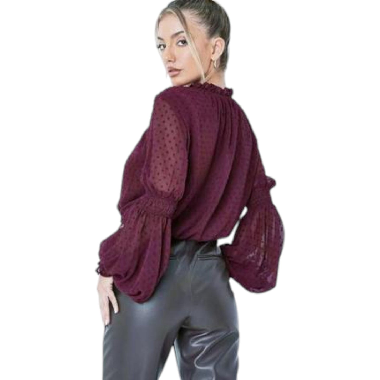 MISSGUIDED lila pontmintás fodros magas nyakú blúz