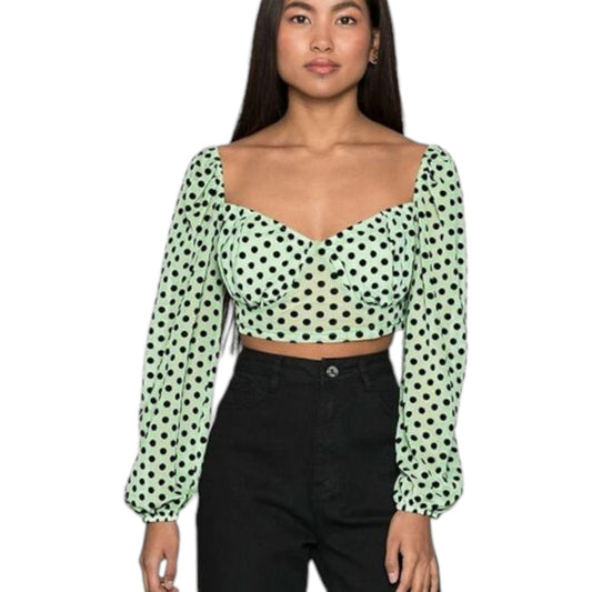 MISSGUIDED mentazöld pontmintás puffos ujjú crop top