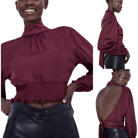 ZARA bordó szatén hátán kivágott crop blúz