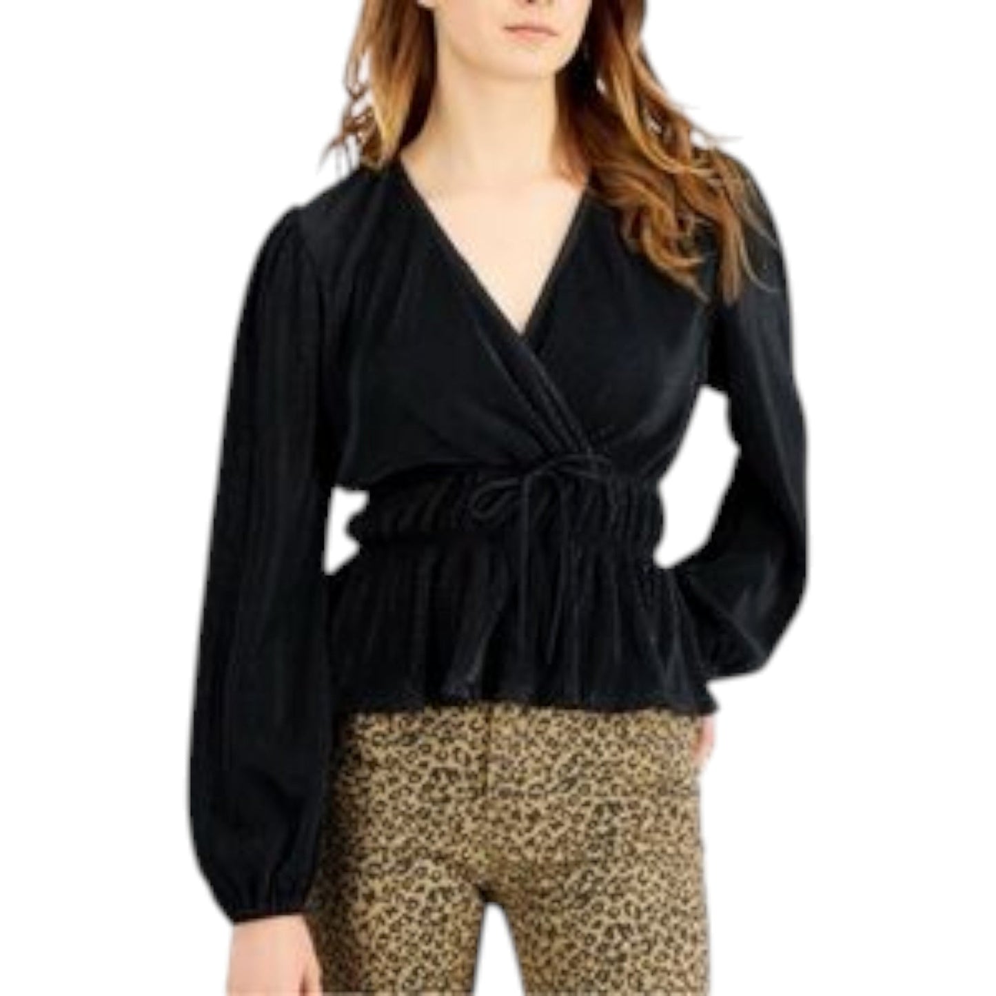 JENNIFER fekete bársony átlapolt peplum blúz