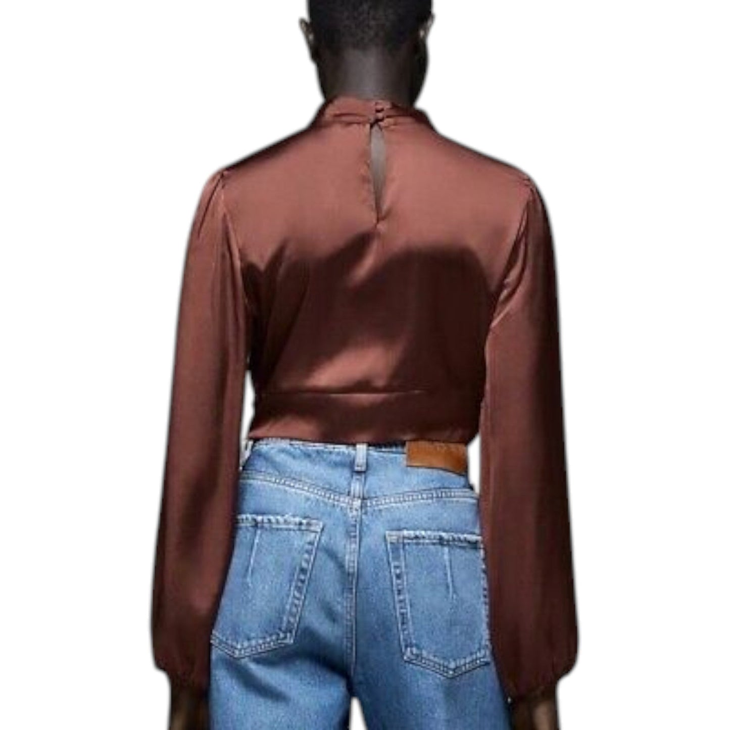 ZARA barna csomózott magas nyakú crop blúz
