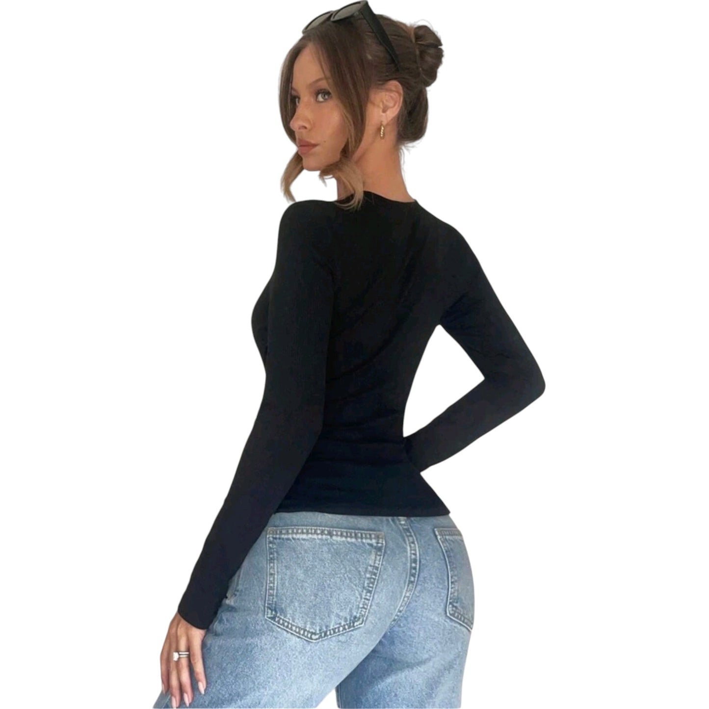 SHE fekete kivágott hosszú ujjú felső