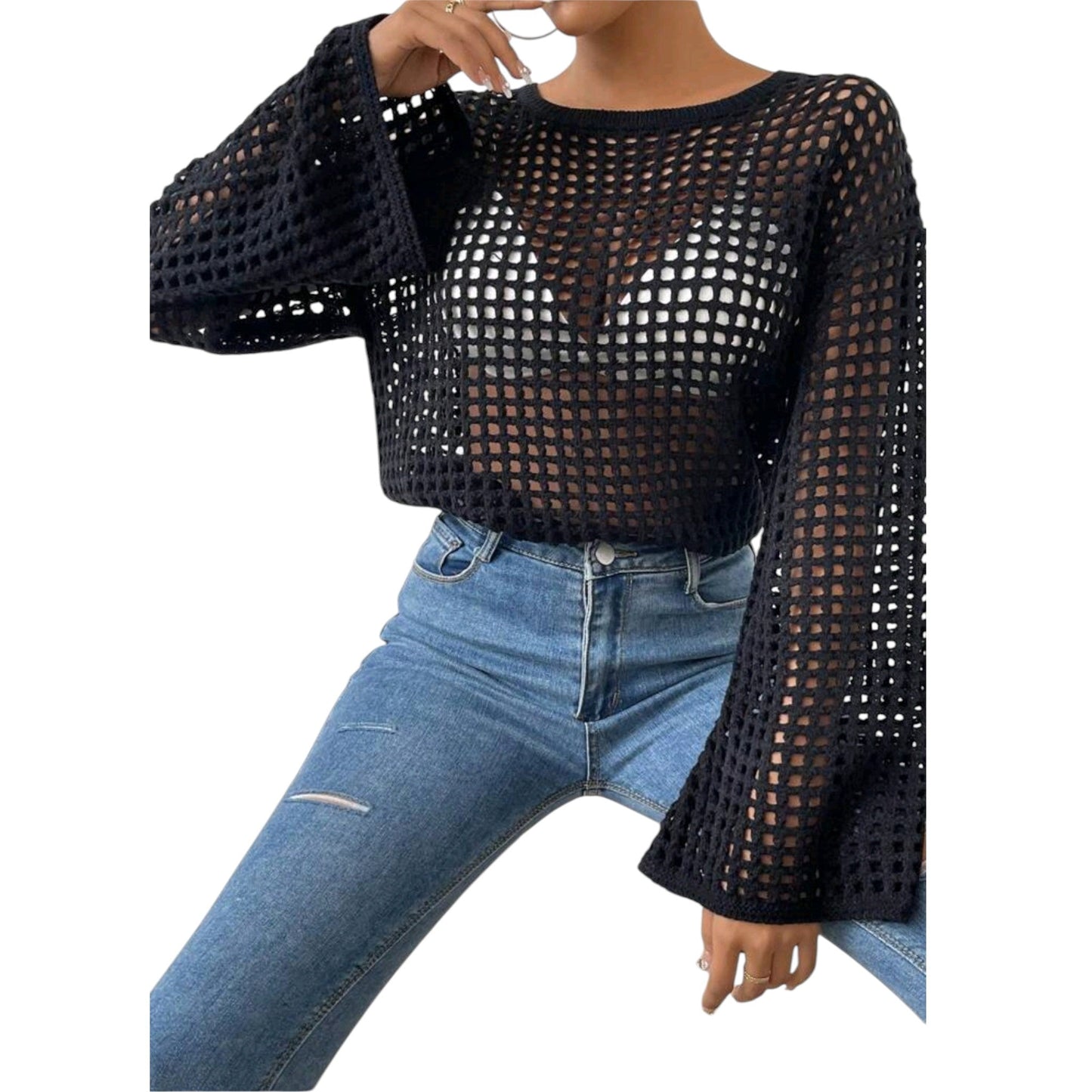 SHE fekete hálós kerek nyakú pulóver