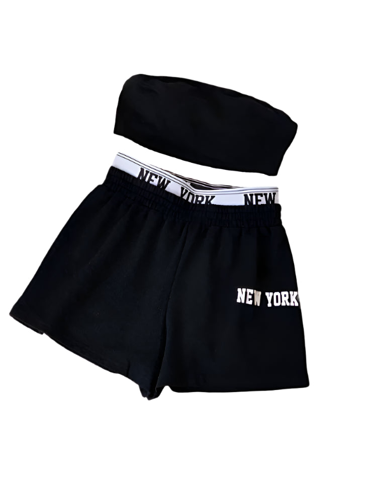 SHE fekete "New York" bandeau felső és rövidnadrág szett