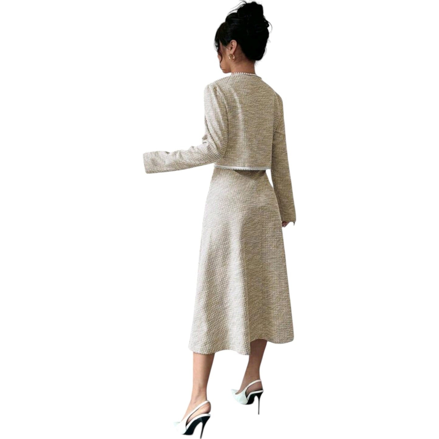 SHE bézs tweed midi ruha kardigánnal