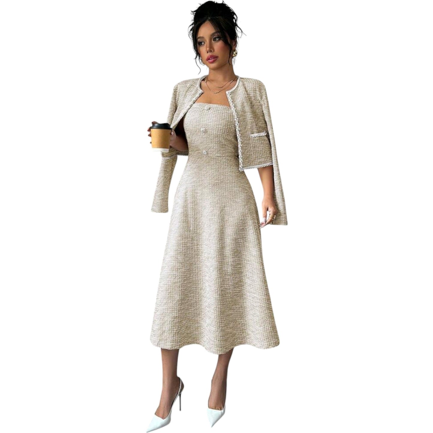 SHE bézs tweed midi ruha kardigánnal