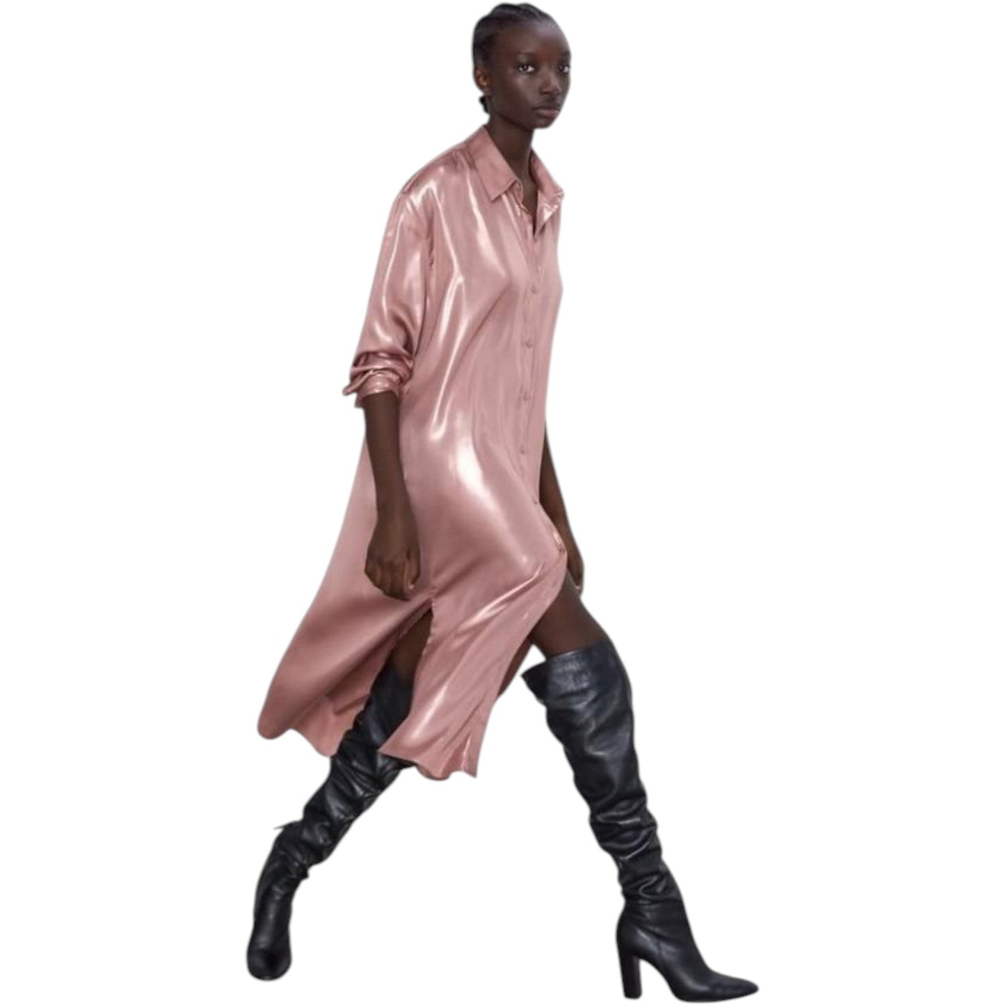 ZARA rózsaszín fényes hosszú ujjú midi ingruha