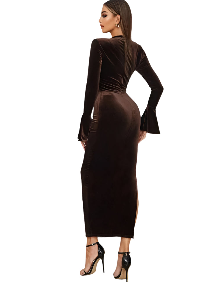 SHE barna elegáns bársony maxi ruha