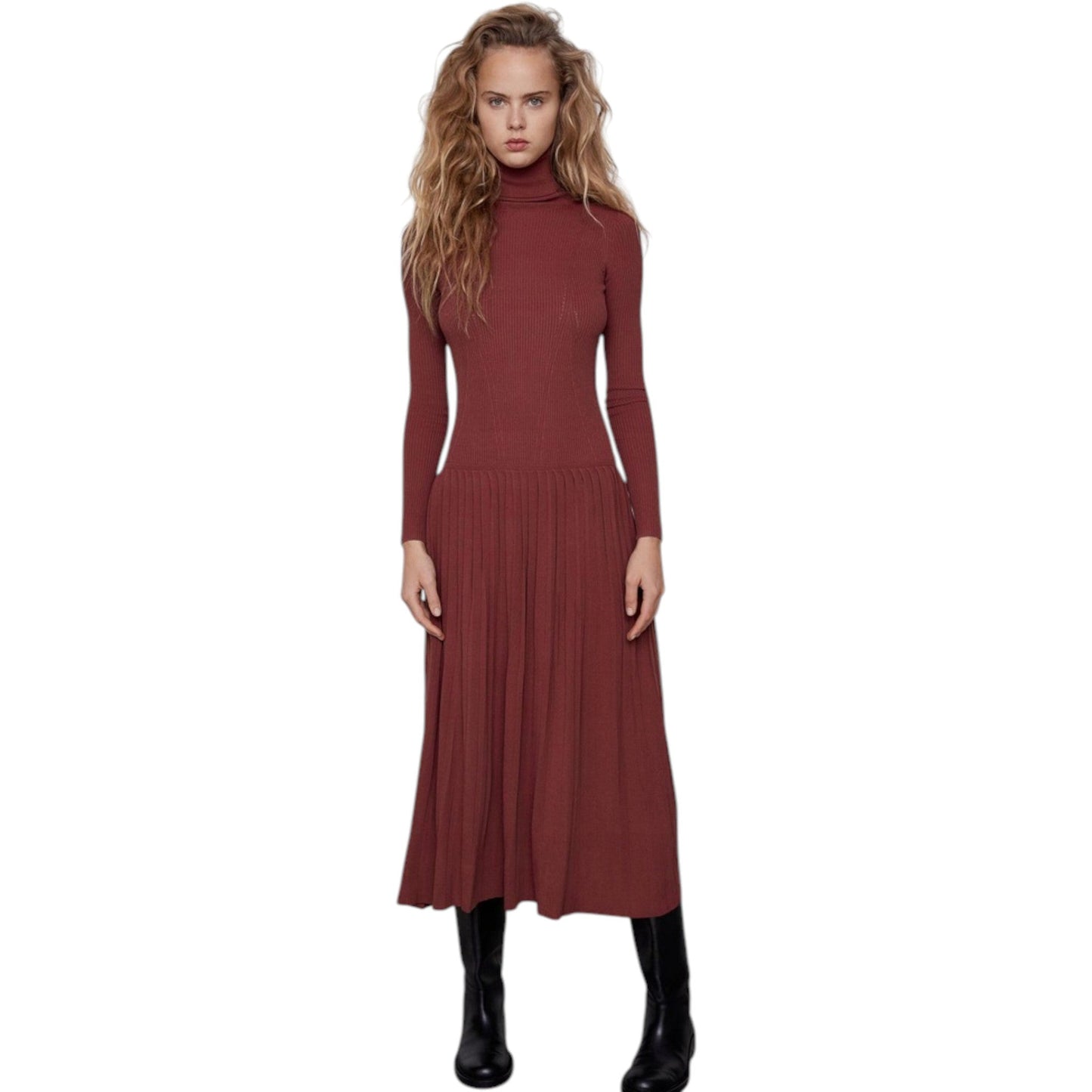 ZARA rozsdabarna bordázott pliszírozott midi ruha