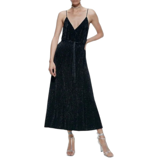 ZARA fekete csillogó spagetti pántos maxi ruha