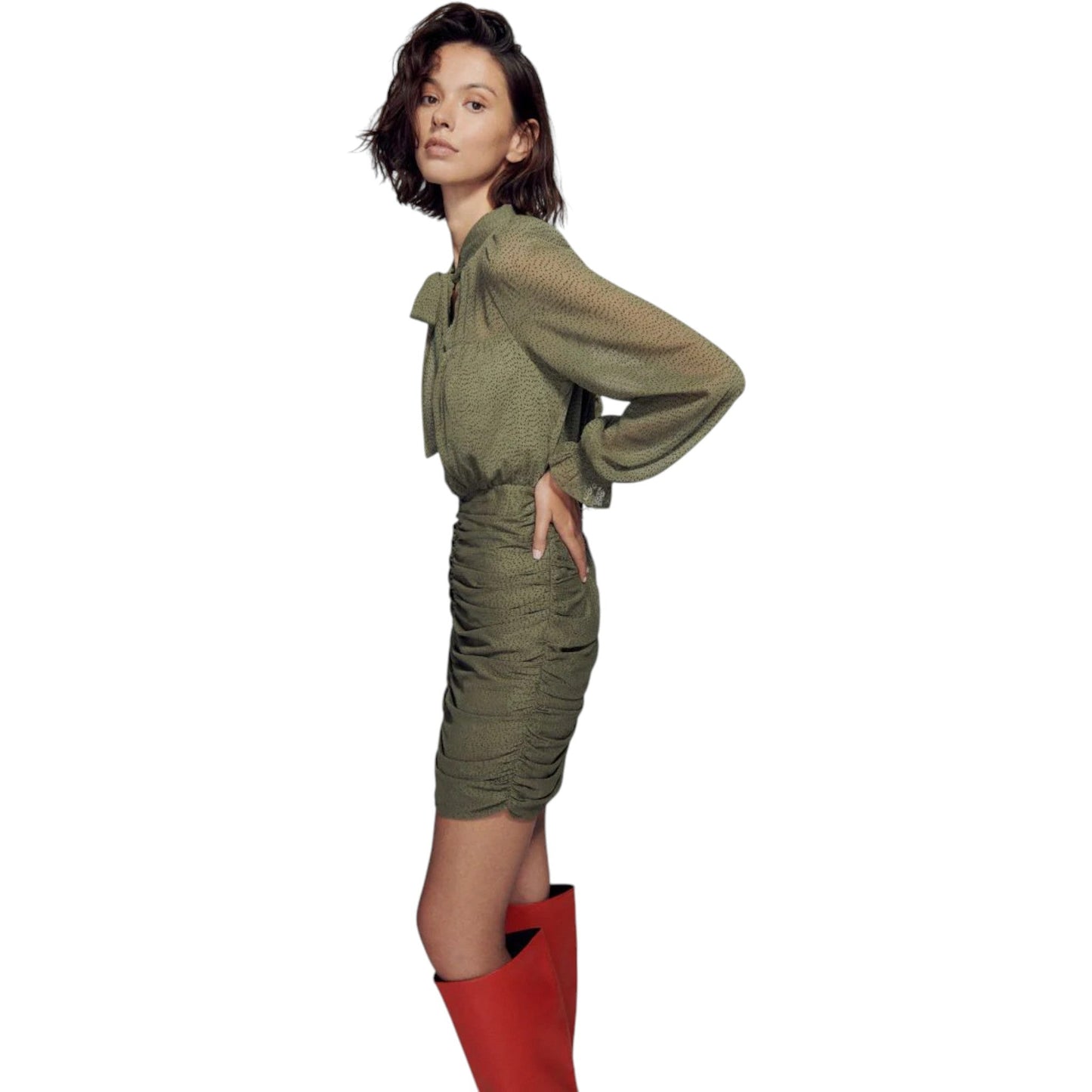 RESERVED olívazöld mintás masnis mini ruha