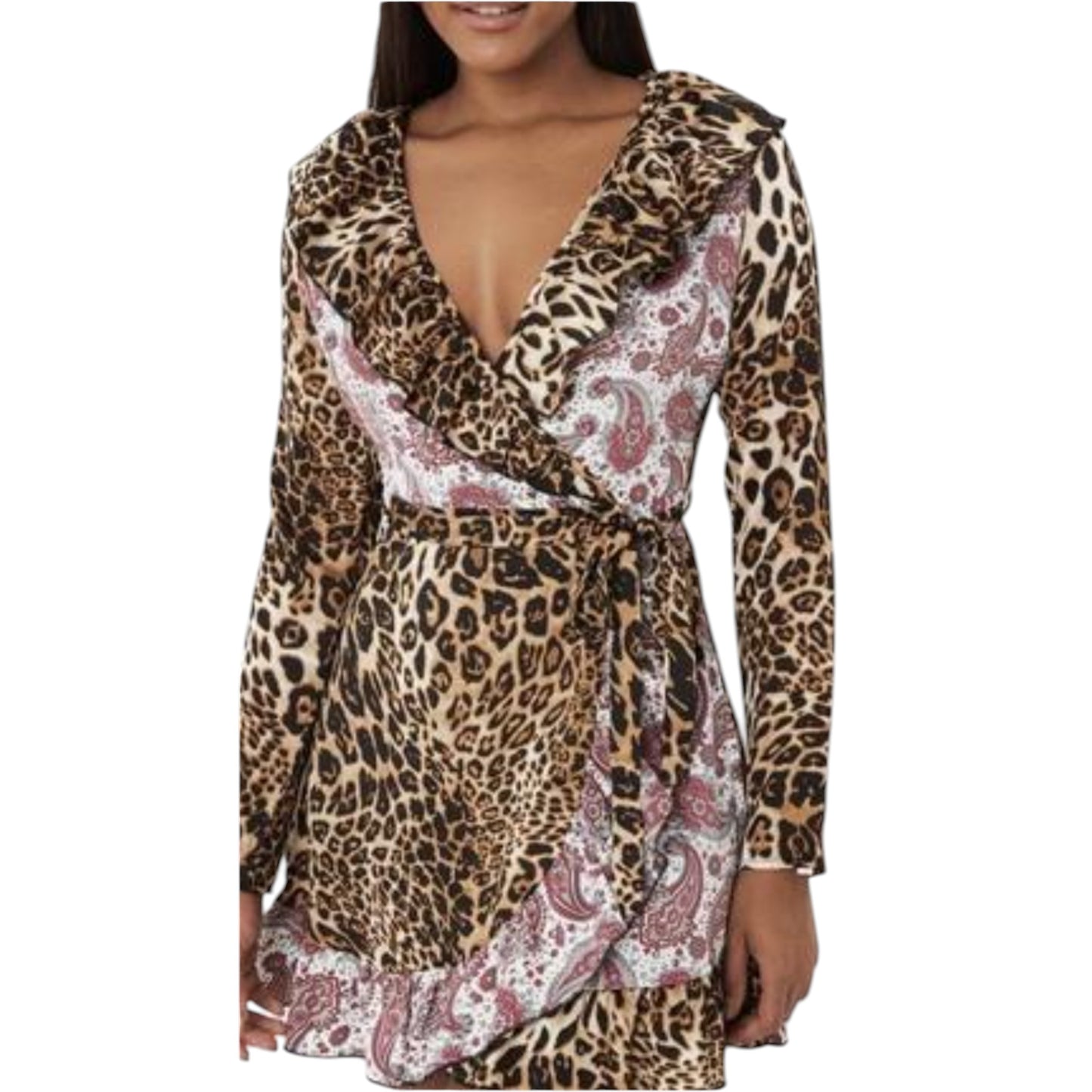 MISSGUIDED barna mintás V-nyakú mini ruha