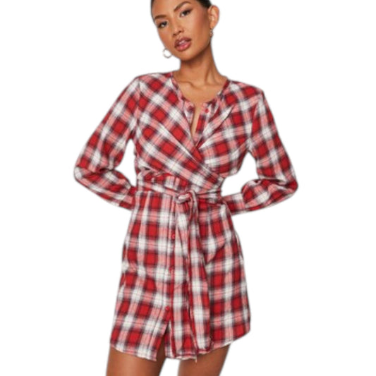 MISSGUIDED piros kockás mini ruha