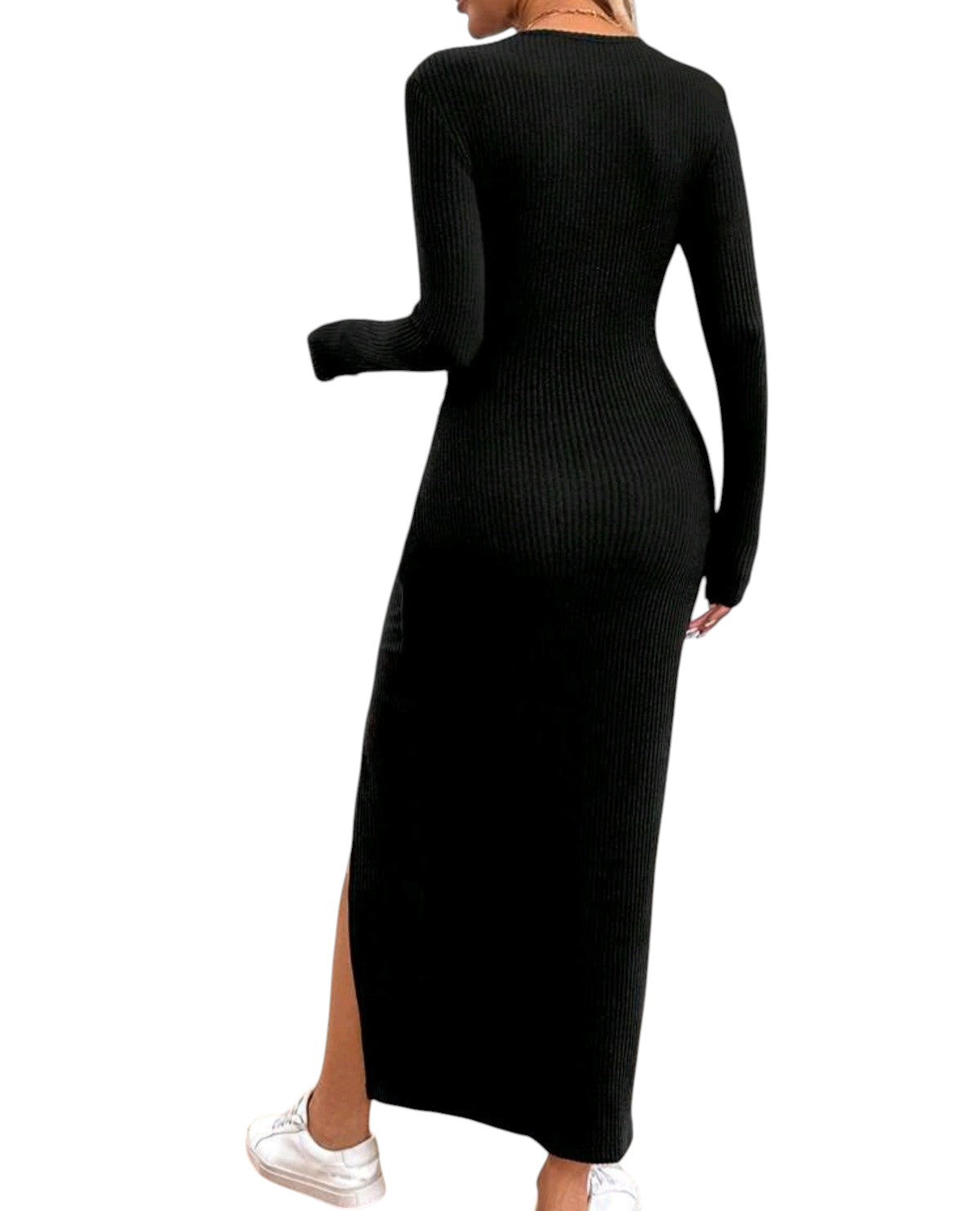 SHE fekete bordázott hasítékos midi ruha