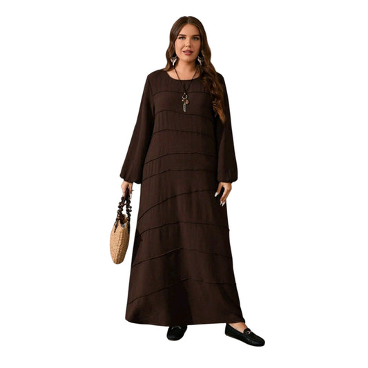 SHE barna, többszintes, hosszú ujjú maxi ruha