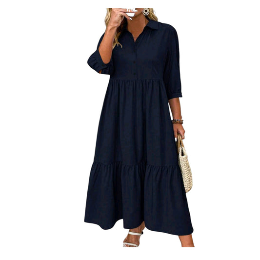 SHE sötétkék, gombos, többszintes maxi ingruha